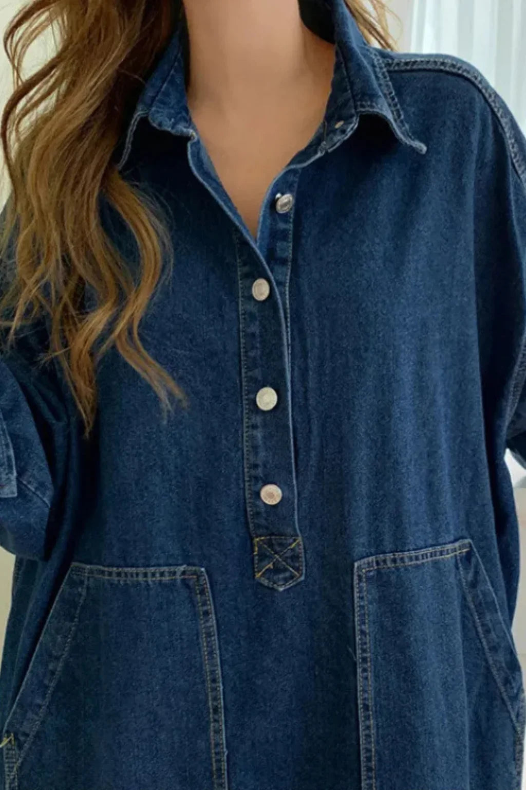 Karen | Denim Shirt Maxi Dress with Collared Neckline and Patch Pockets