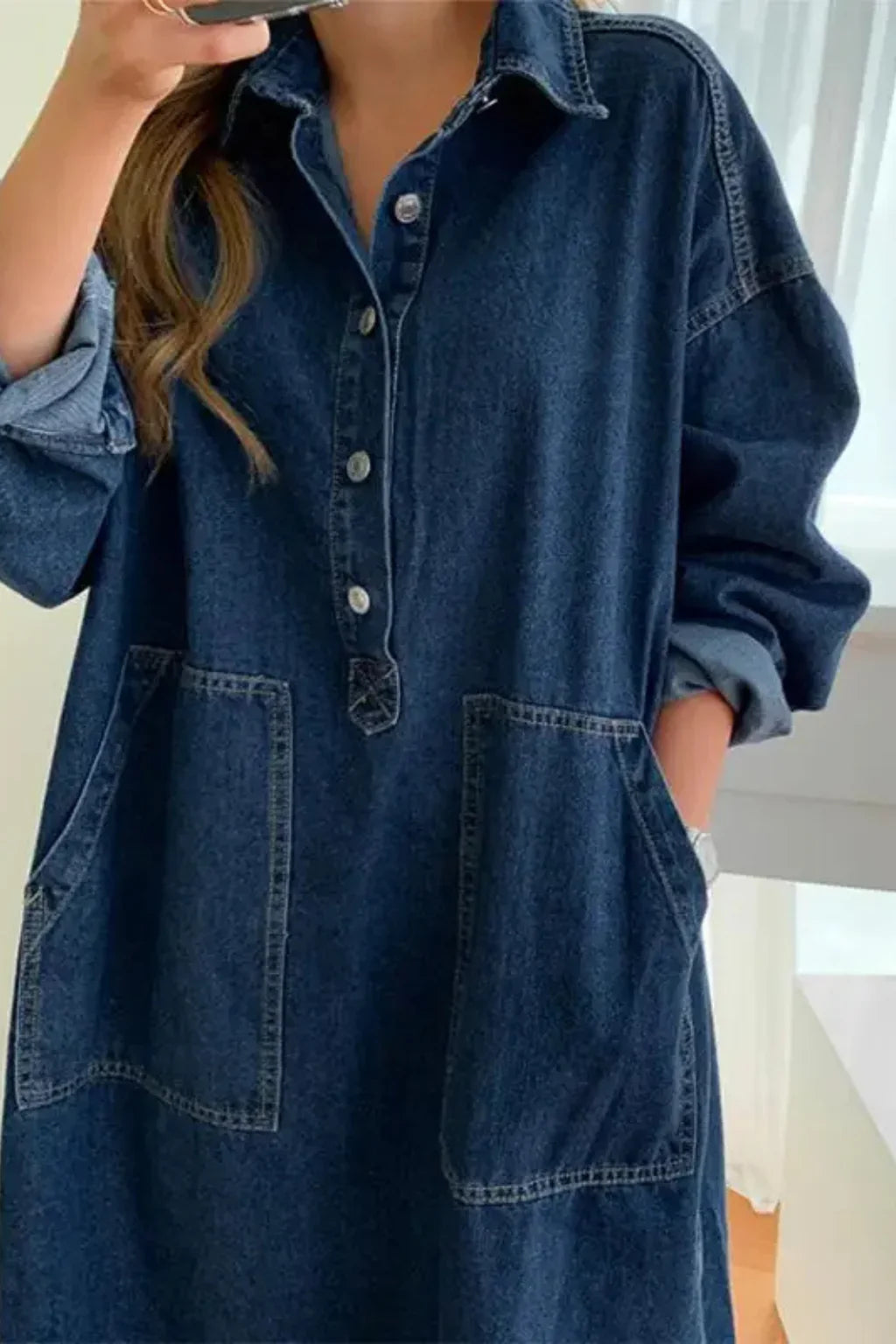 Karen | Denim Shirt Maxi Dress with Collared Neckline and Patch Pockets
