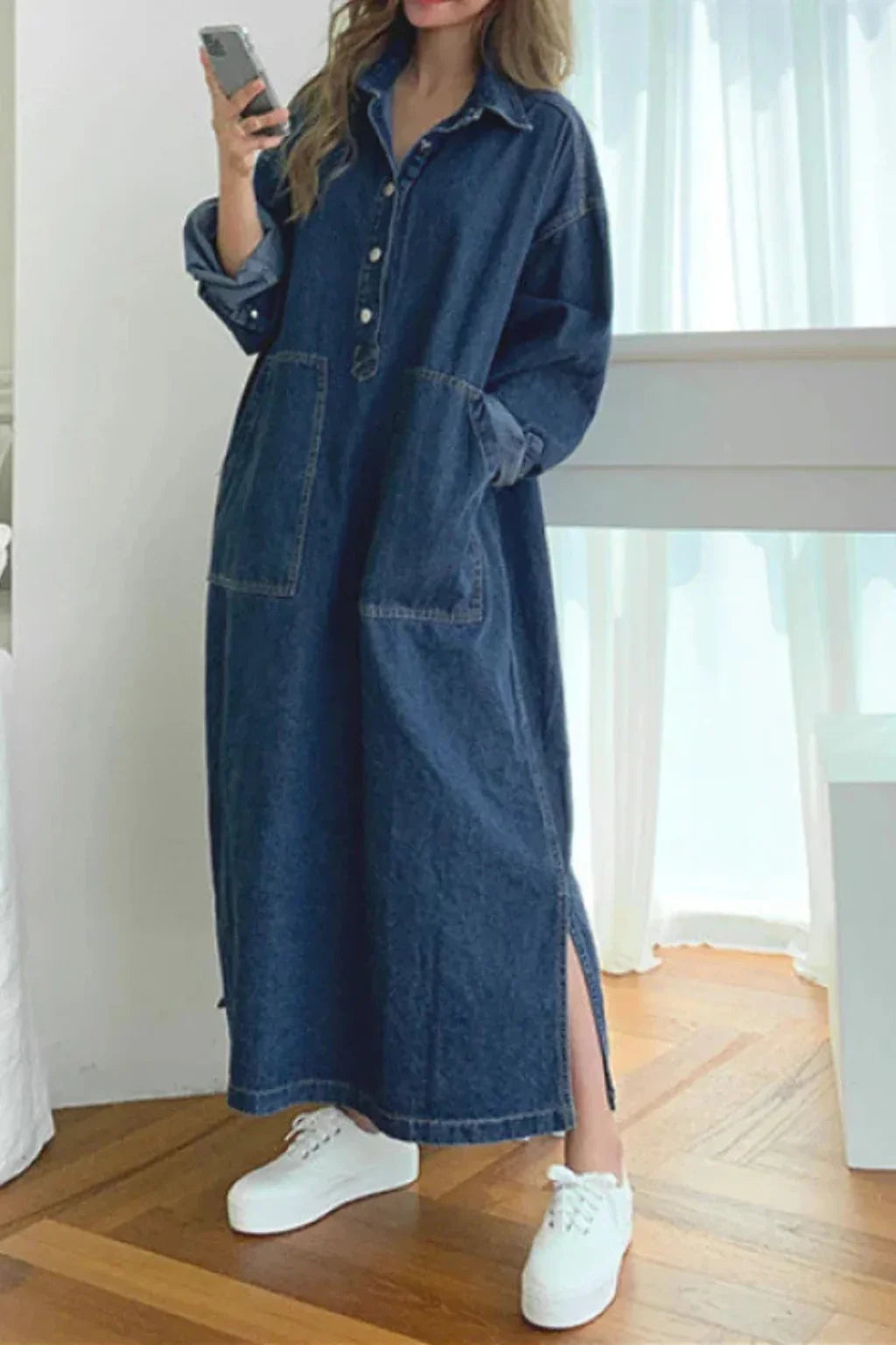 Karen | Denim Shirt Maxi Dress with Collared Neckline and Patch Pockets