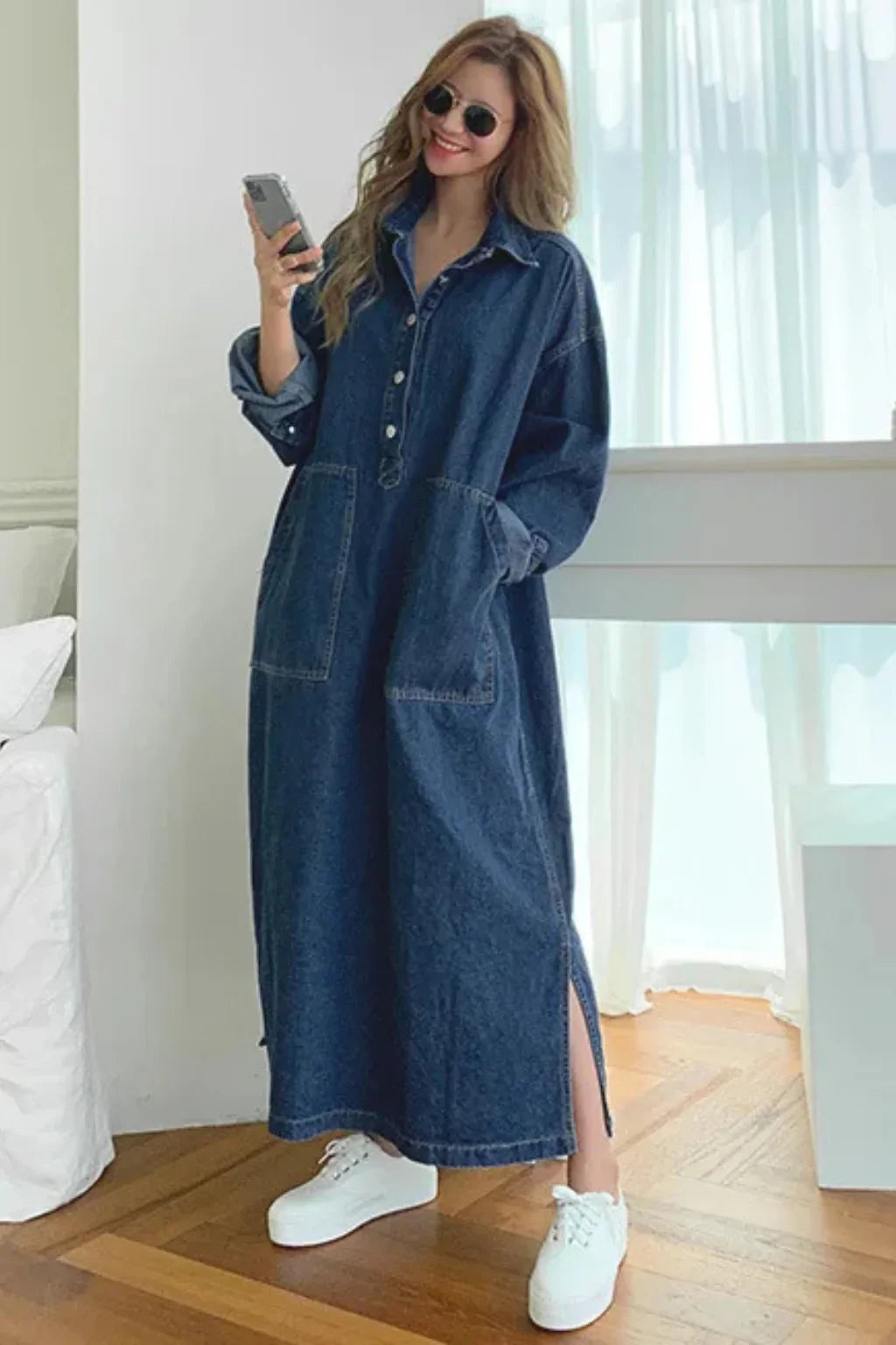 Karen | Denim Shirt Maxi Dress with Collared Neckline and Patch Pockets