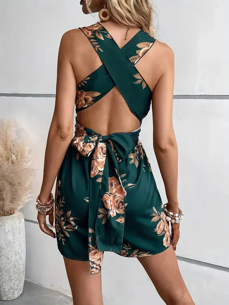 Karen | V-Neck Floral Print Jumpsuit with Crisscross Back