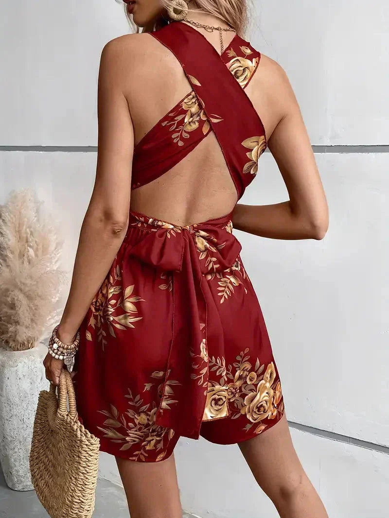 Karen | V-Neck Floral Print Jumpsuit with Crisscross Back