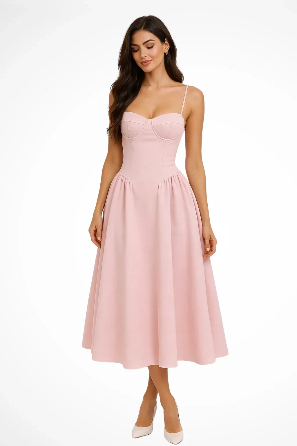 Karen | Women's Pink Corset A-Line Midi Dress with Spaghetti Straps and Defined Waist