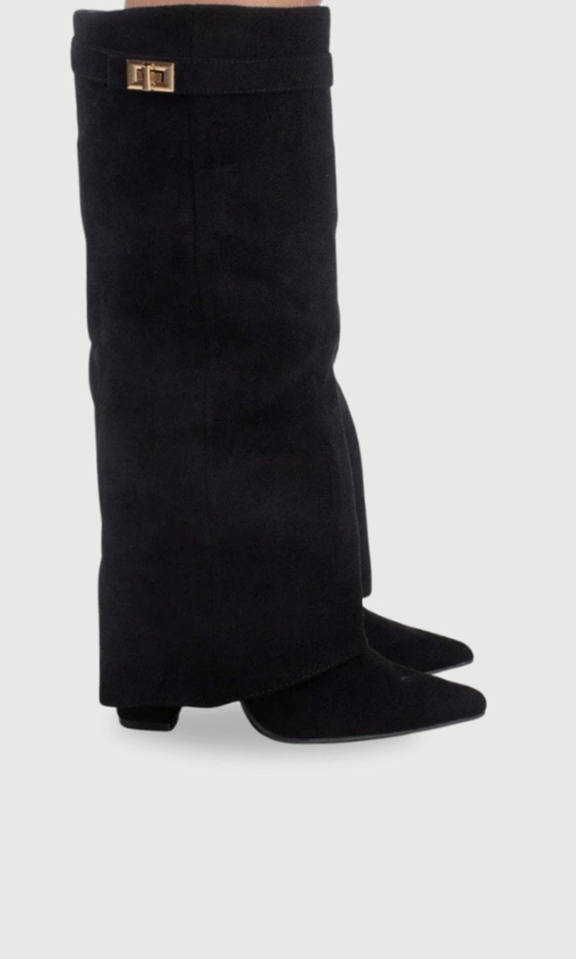 Katherine | Women's Suede Thigh-High Boots Gold Buckle Pointed Toe