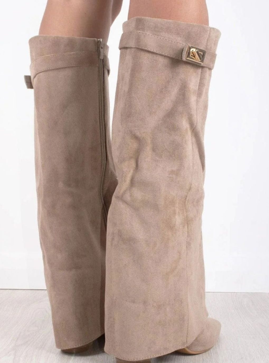 Katherine | Women's Suede Thigh-High Boots Gold Buckle Pointed Toe