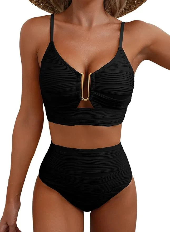 Katie | Women's High Waisted Bikini Set with Plunging Neckline and Hardware
