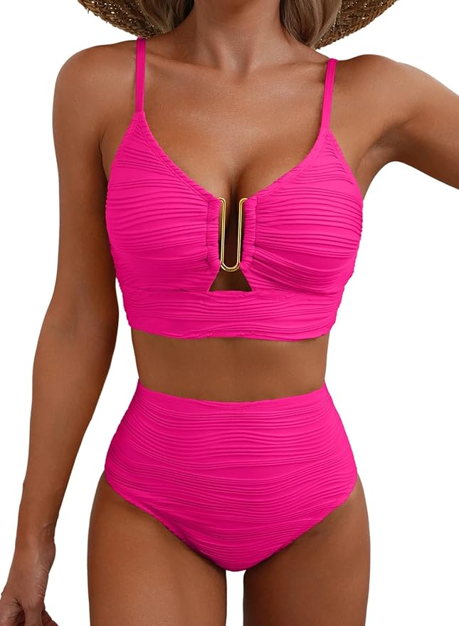 Katie | Women's High Waisted Bikini Set with Plunging Neckline and Hardware