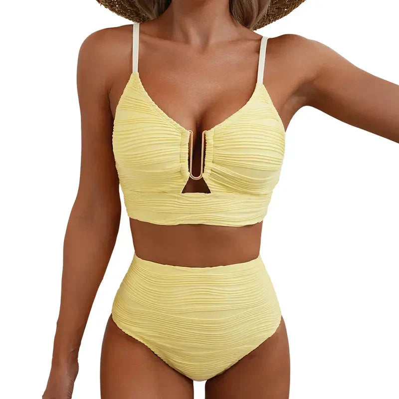 Katie | Women's High Waisted Bikini Set with Plunging Neckline and Hardware