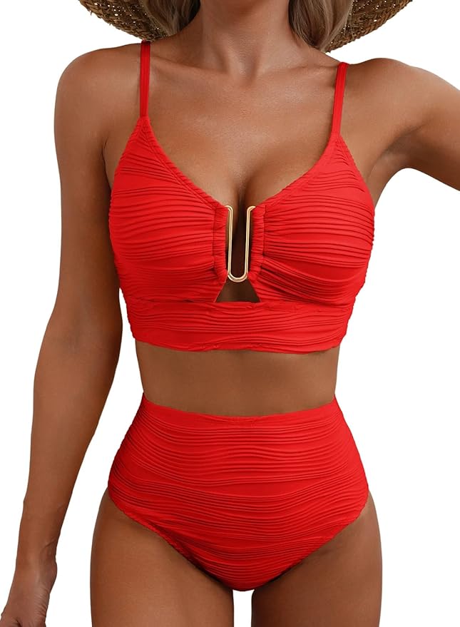 Katie | Women's High Waisted Bikini Set with Plunging Neckline and Hardware
