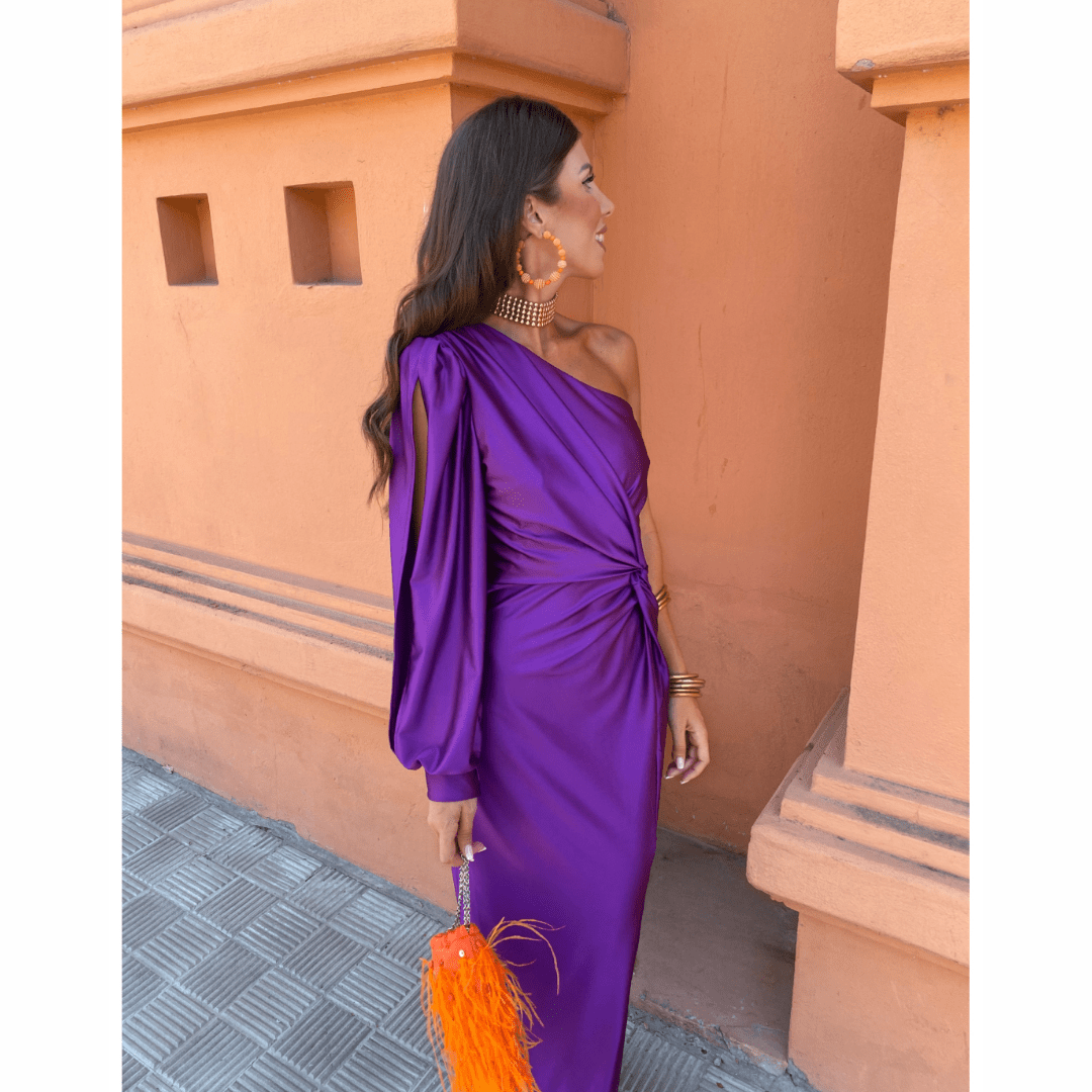 Women's Wedding Guest Dress in Draped Stretch Fabric | Defined Waist, Covered Shoulders | Size S-2XL, Green or Lilac