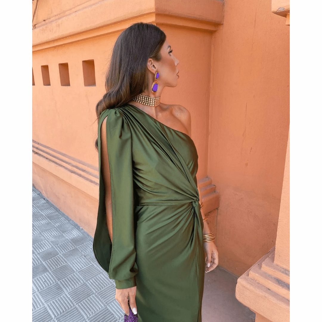 Women's Wedding Guest Dress in Draped Stretch Fabric | Defined Waist, Covered Shoulders | Size S-2XL, Green or Lilac