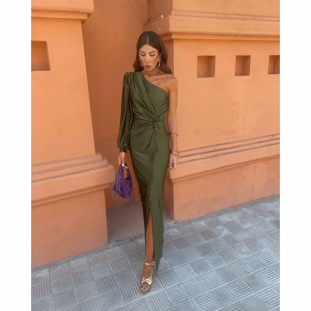 Women's Wedding Guest Dress in Draped Stretch Fabric | Defined Waist, Covered Shoulders | Size S-2XL, Green or Lilac