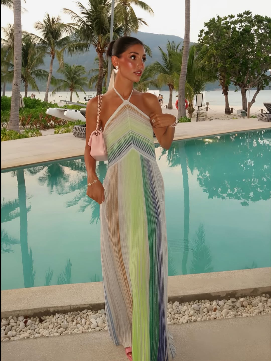 Women's Striped Halter Maxi Dress with Choker Band | Chevron Sequin Bodice, Column Skirt | Sizes XS to XL