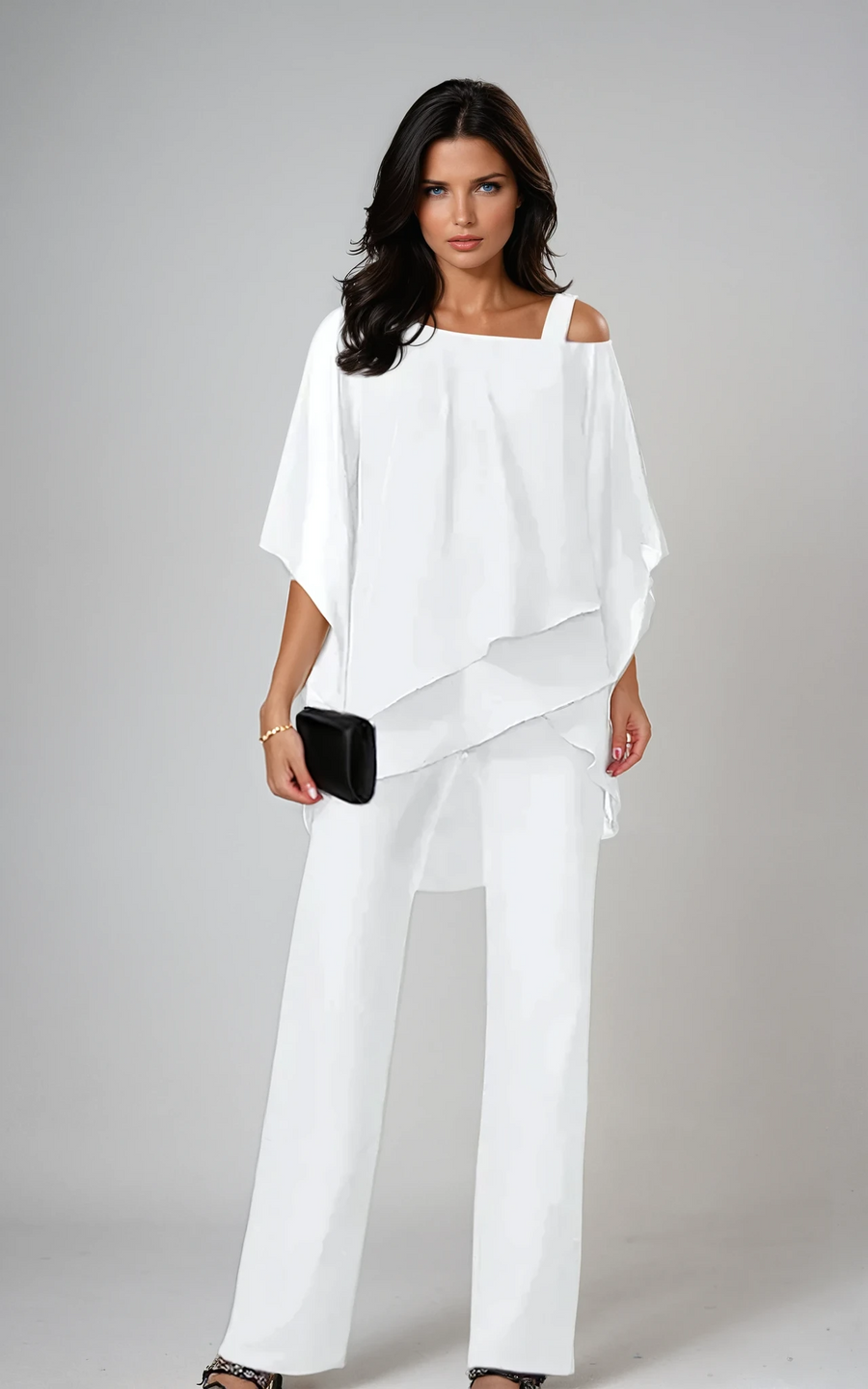 Women's Two Piece Pants Set with Asymmetric Layered Top