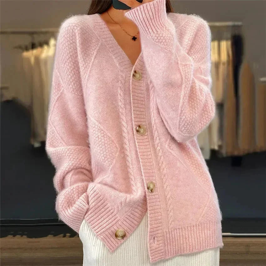 Kennedy - Women's Loose-Fit Cable Stitch V-Neck Knit Cardigan