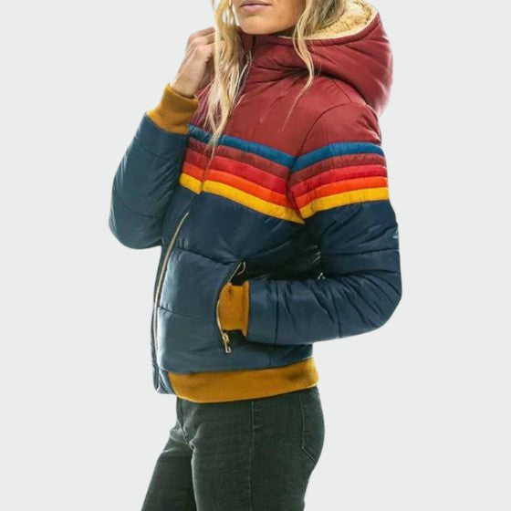 Women's Puffer Jacket with Quilted Panels and Hood | Stripes, Ribbed Cuffs, Zip Closure | For Winter | Size XS-3XL