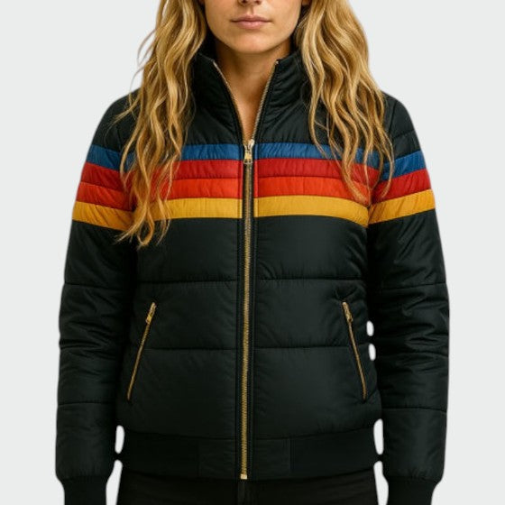 Women's Puffer Jacket with Quilted Panels and Hood | Stripes, Ribbed Cuffs, Zip Closure | For Winter | Size XS-3XL