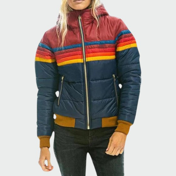 Women's Puffer Jacket with Quilted Panels and Hood | Stripes, Ribbed Cuffs, Zip Closure | For Winter | Size XS-3XL