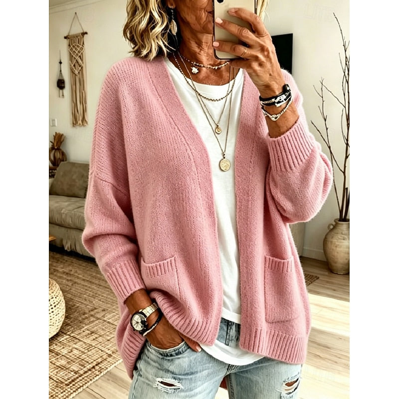 Women's Open-Front Cardigan with Ribbed Cuffs and Pockets
