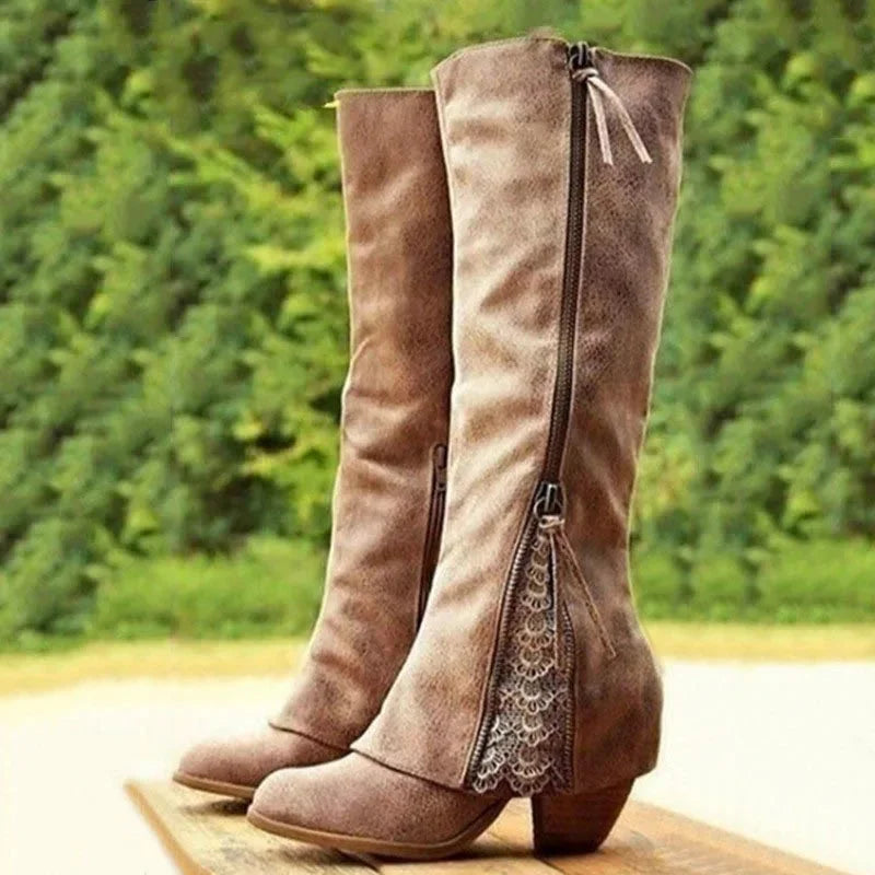 Women's suede side zip knee high boots with lace panel