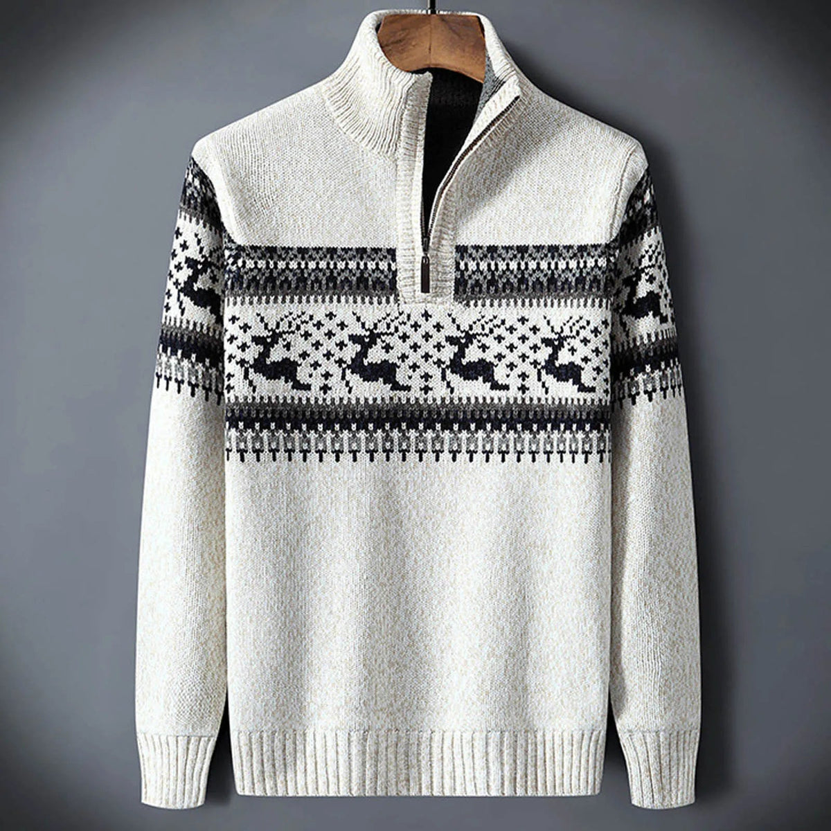 Daniel | Mens Fair Isle Half-Zip Sweater | Stand Collar, Ribbed Knit, Long Sleeves | Blue, Red and White S-2XL