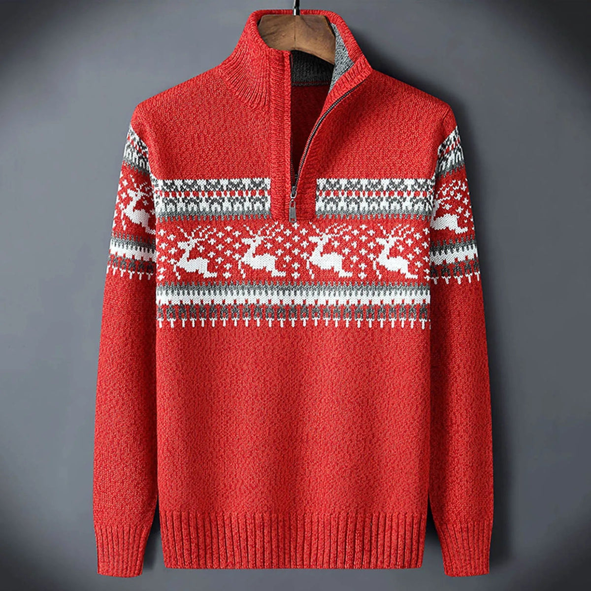 Daniel | Mens Fair Isle Half-Zip Sweater | Stand Collar, Ribbed Knit, Long Sleeves | Blue, Red and White S-2XL