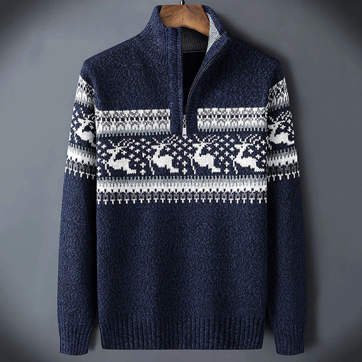 Daniel | Mens Fair Isle Half-Zip Sweater | Stand Collar, Ribbed Knit, Long Sleeves | Blue, Red and White S-2XL