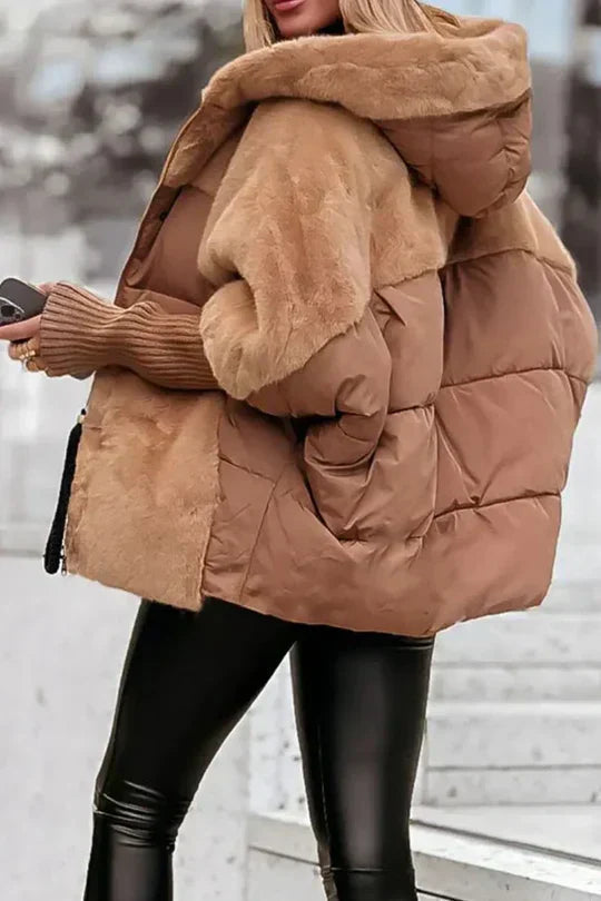 Women's Puffer Jacket with Quilted Panels and Oversized Fit | Hood, Faux Fur Trim, Zip Closure | For Winter | Size S-3XL