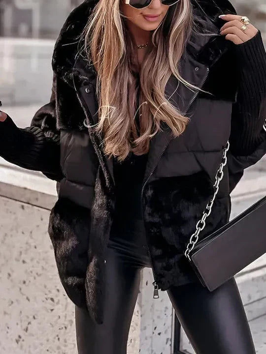Women's Puffer Jacket with Quilted Panels and Oversized Fit | Hood, Faux Fur Trim, Zip Closure | For Winter | Size S-3XL