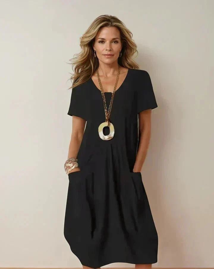 Women's A-Line Midi Dress – Round Neck Pocket Day Dress
