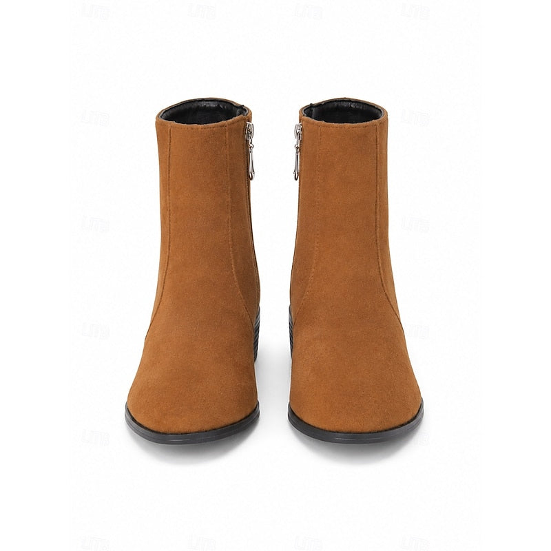 Women's Ankle Boots with Block Heel and Zip Closure | Size 6-10.5 | Brown, Green, Black