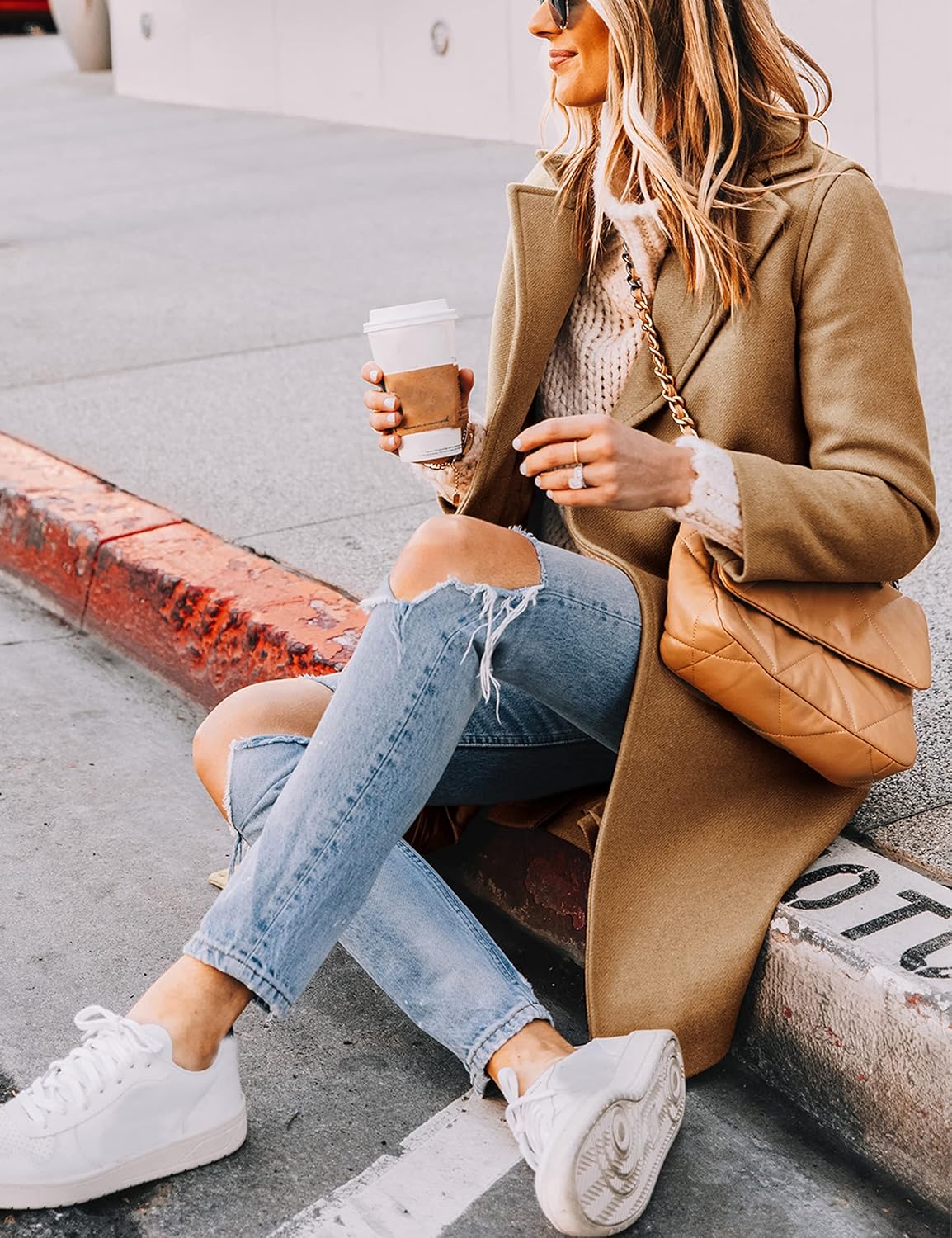 Women's Double-Breasted Wool-Blend Long Coat Notch Lapel