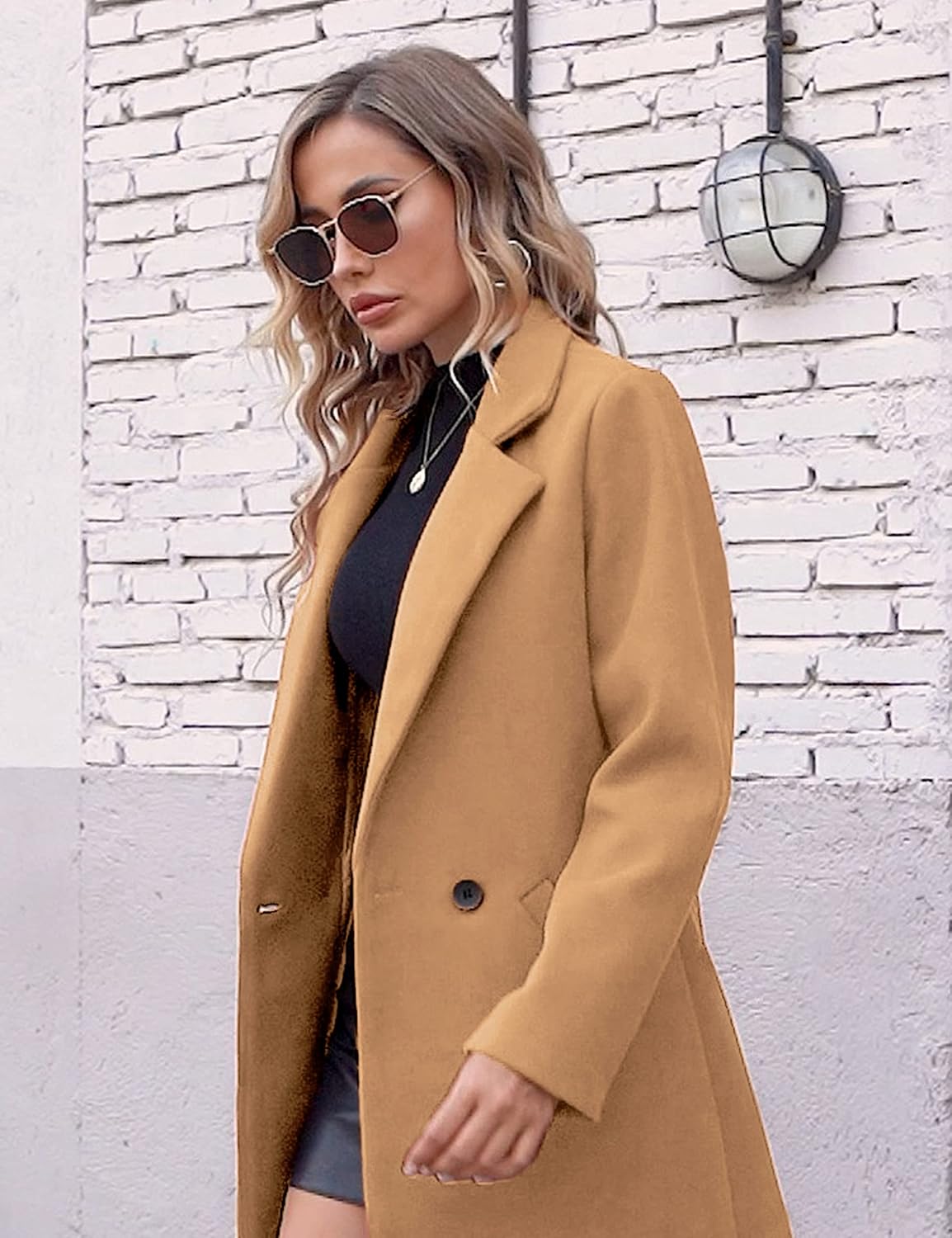Women's Double-Breasted Wool-Blend Long Coat Notch Lapel
