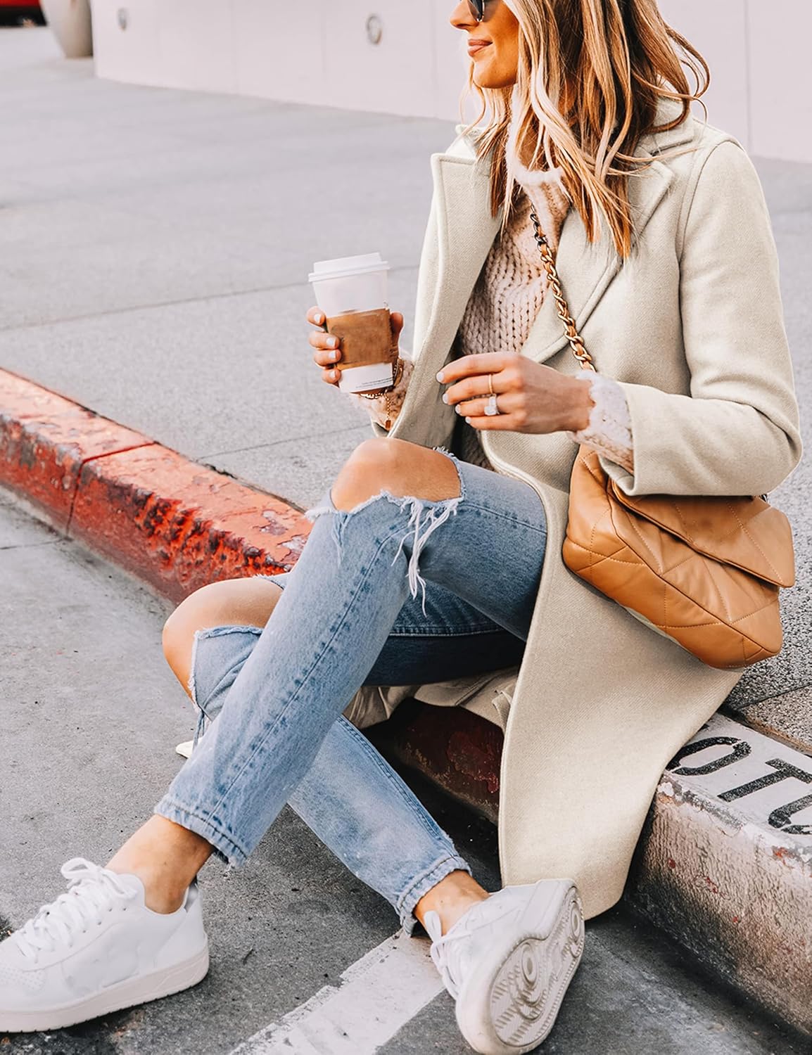 Women's Double-Breasted Wool-Blend Long Coat Notch Lapel