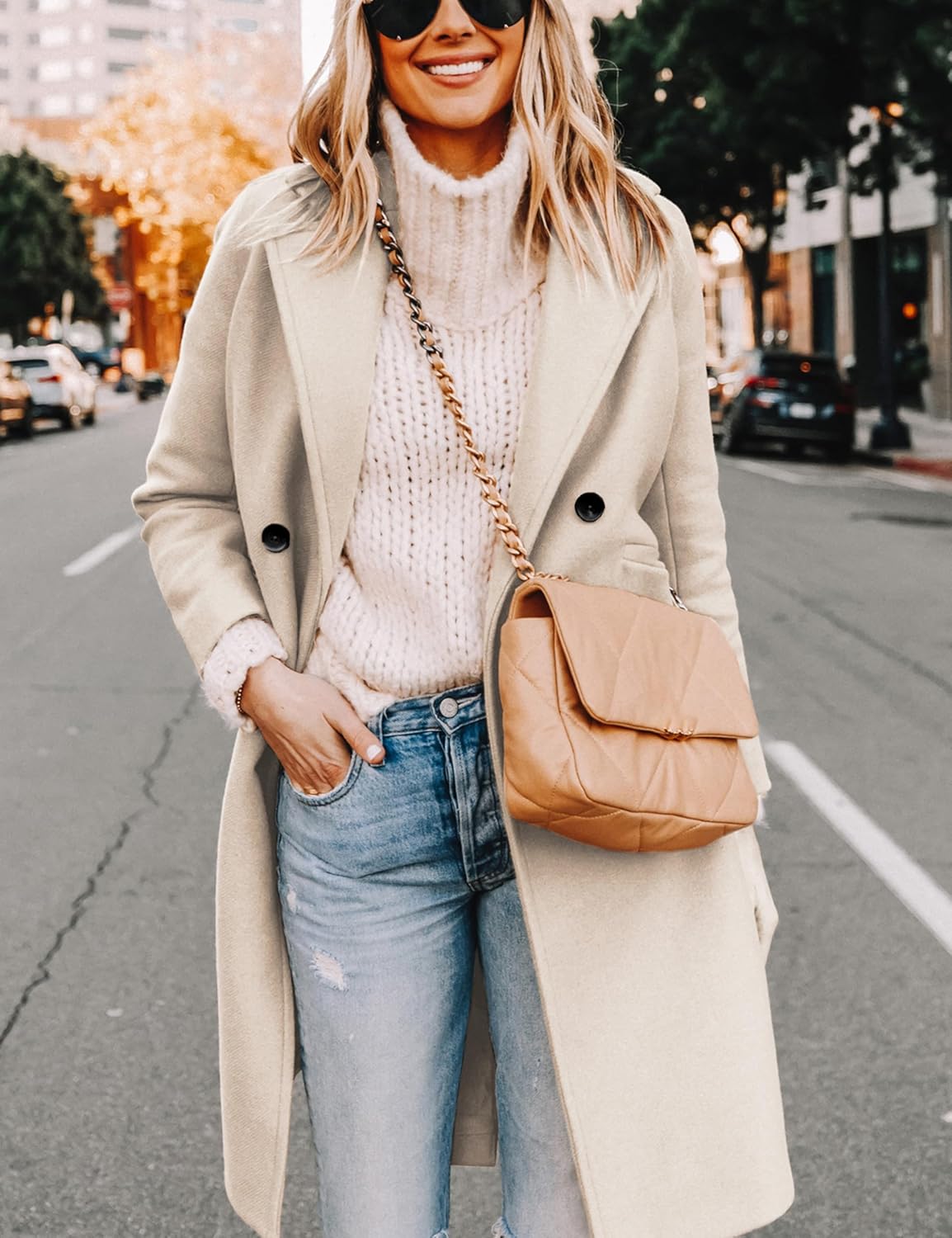 Women's Double-Breasted Wool-Blend Long Coat Notch Lapel