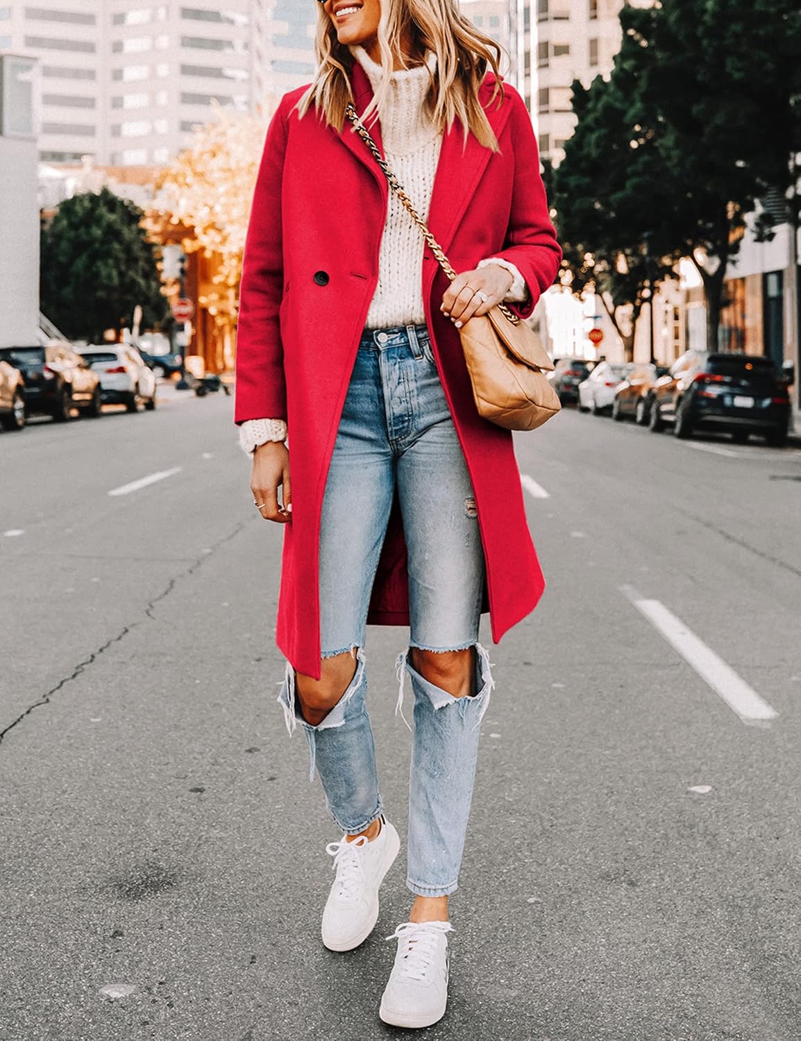 Women's Double-Breasted Wool-Blend Long Coat Notch Lapel