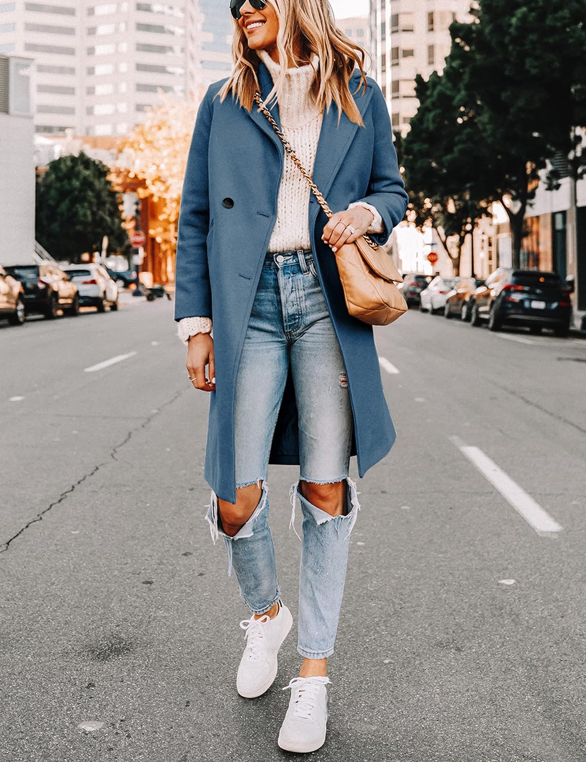 Women's Double-Breasted Wool-Blend Long Coat Notch Lapel