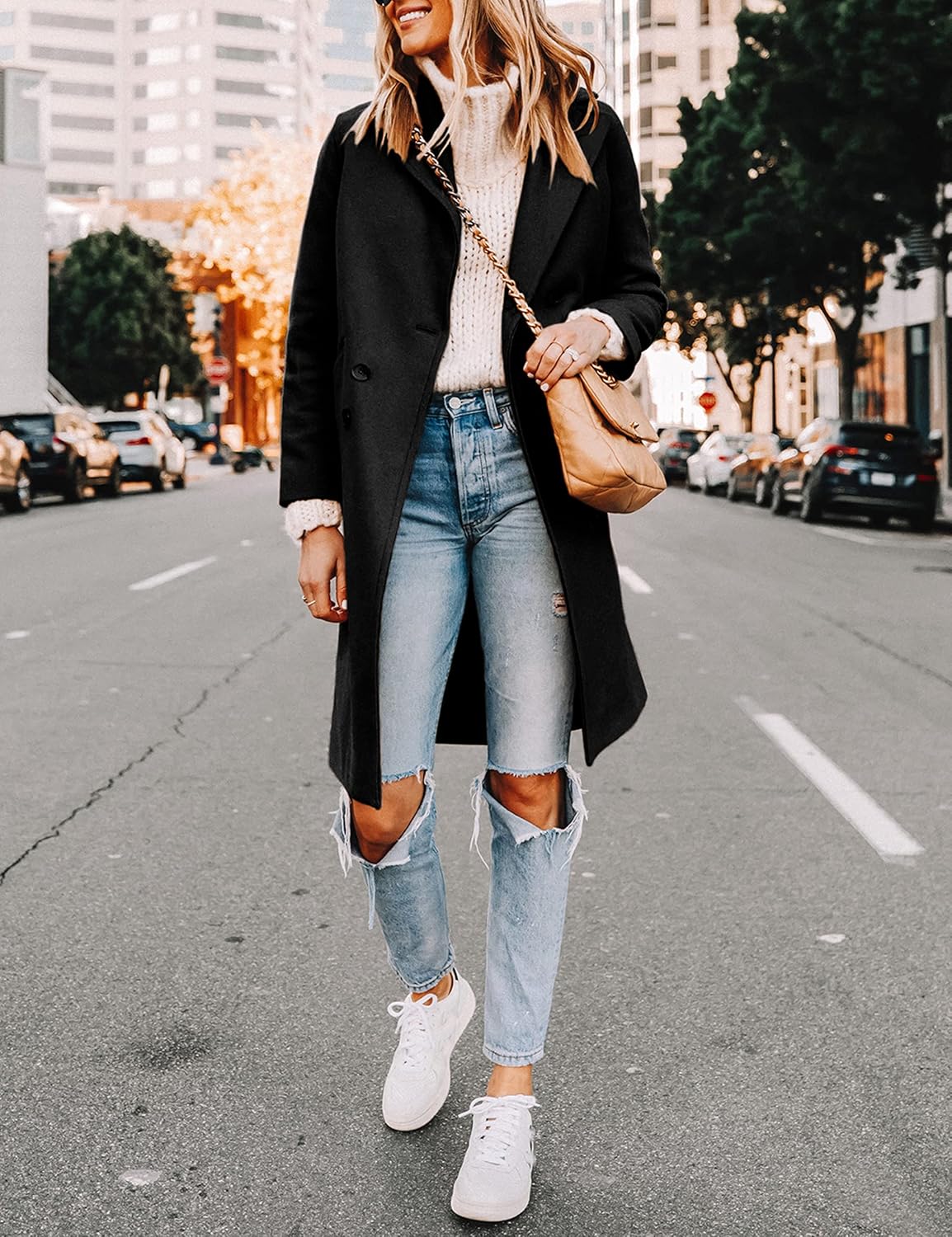 Women's Double-Breasted Wool-Blend Long Coat Notch Lapel