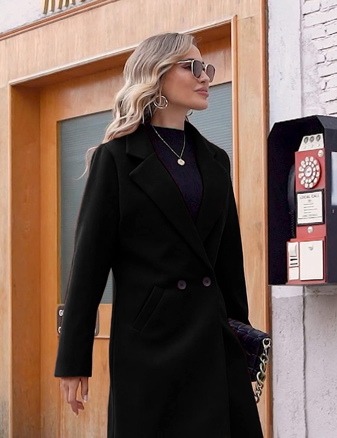 Women's Double-Breasted Wool-Blend Long Coat Notch Lapel
