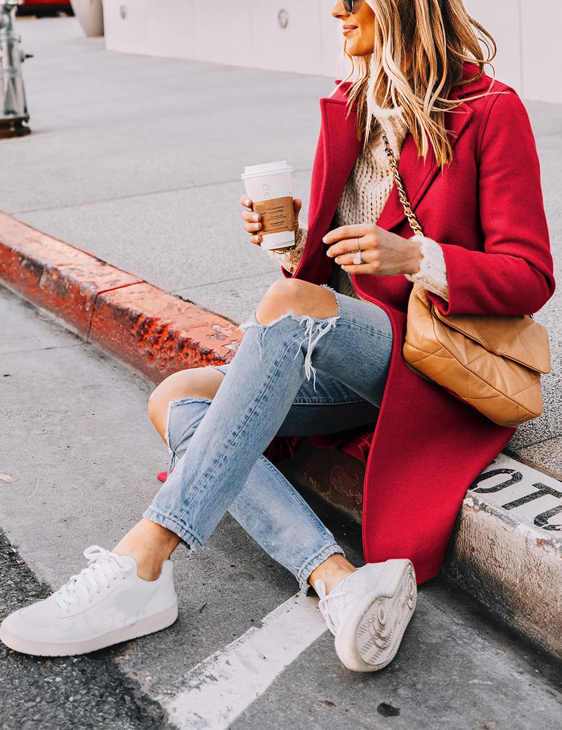 Women's Double-Breasted Wool-Blend Long Coat Notch Lapel