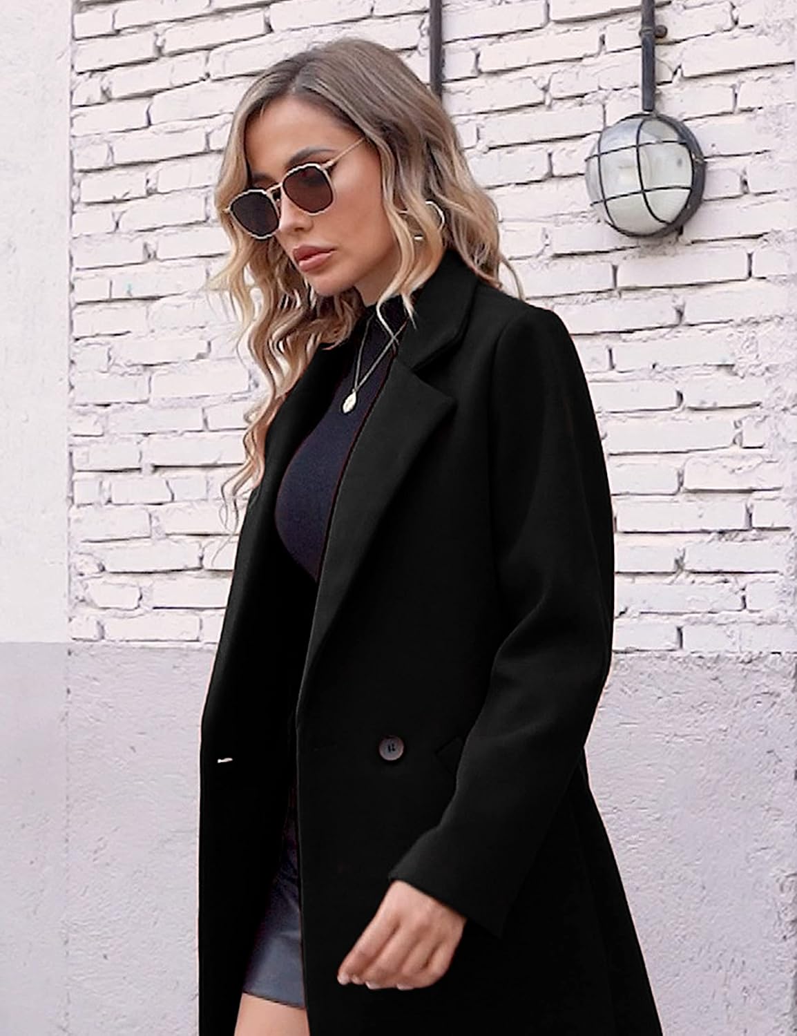 Women's Double-Breasted Wool-Blend Long Coat Notch Lapel