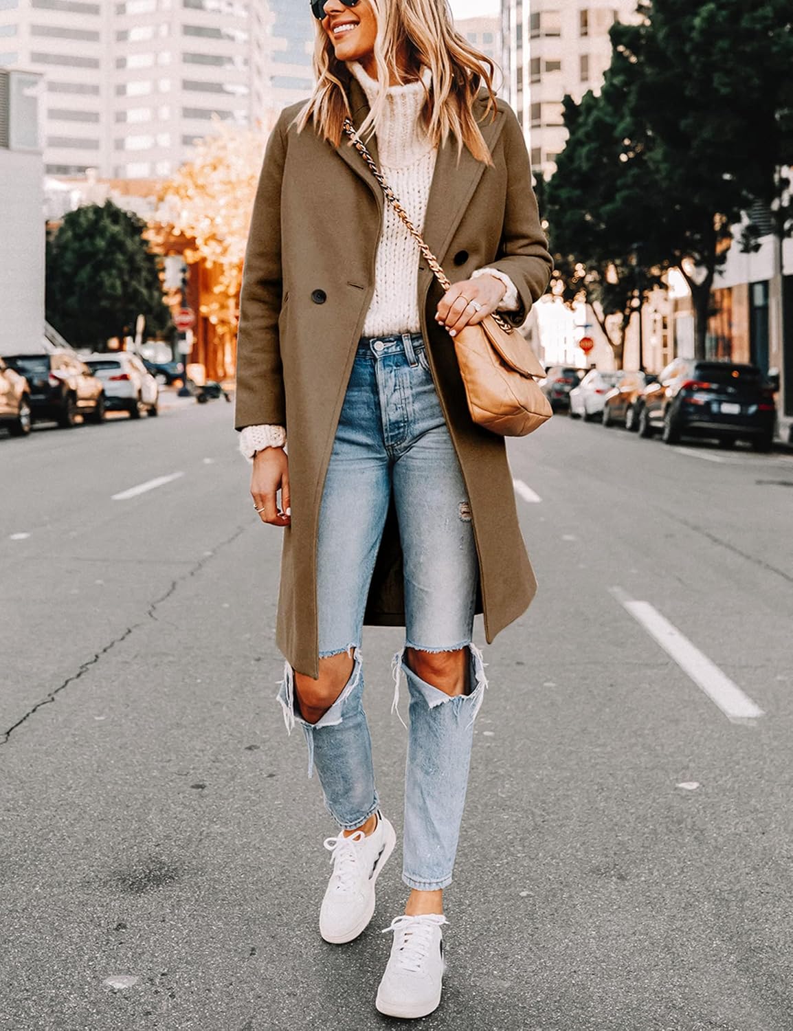 Women's Double-Breasted Wool-Blend Long Coat Notch Lapel
