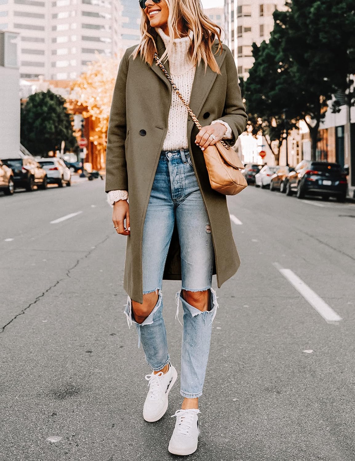 Women's Double-Breasted Wool-Blend Long Coat Notch Lapel