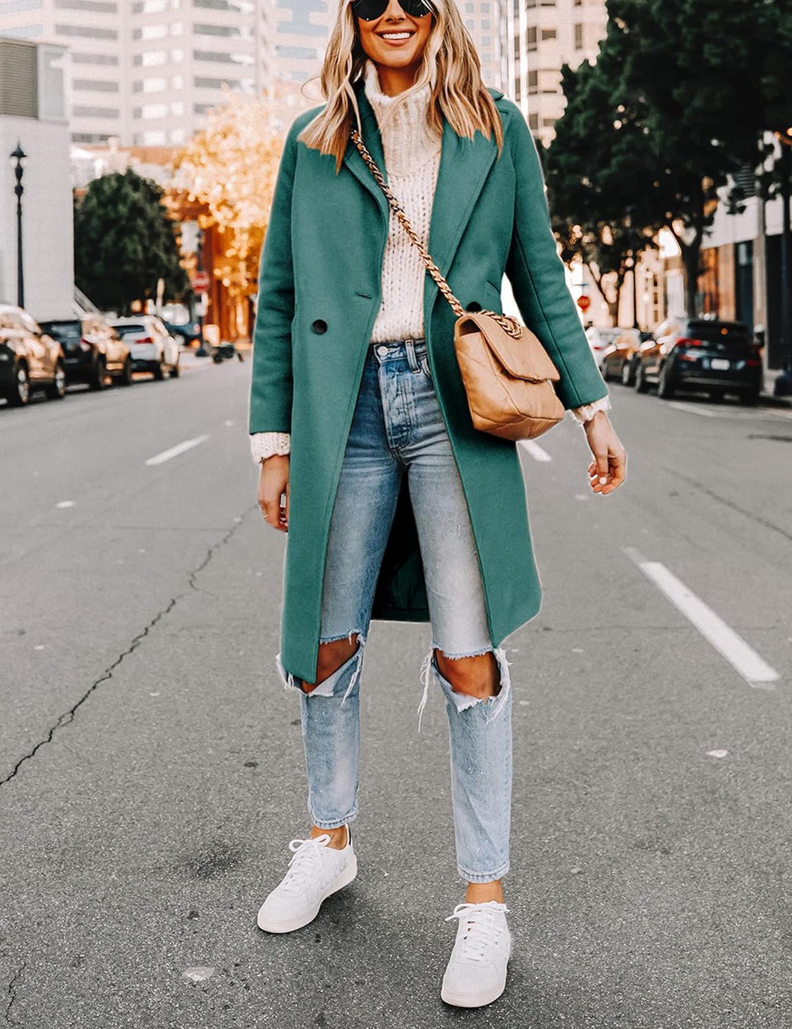 Women's Double-Breasted Wool-Blend Long Coat Notch Lapel