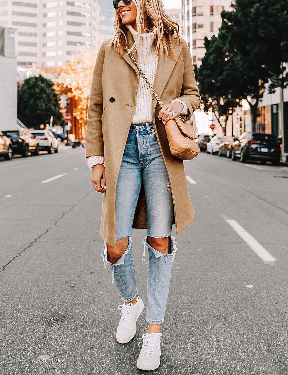 Women's Double-Breasted Wool-Blend Long Coat Notch Lapel