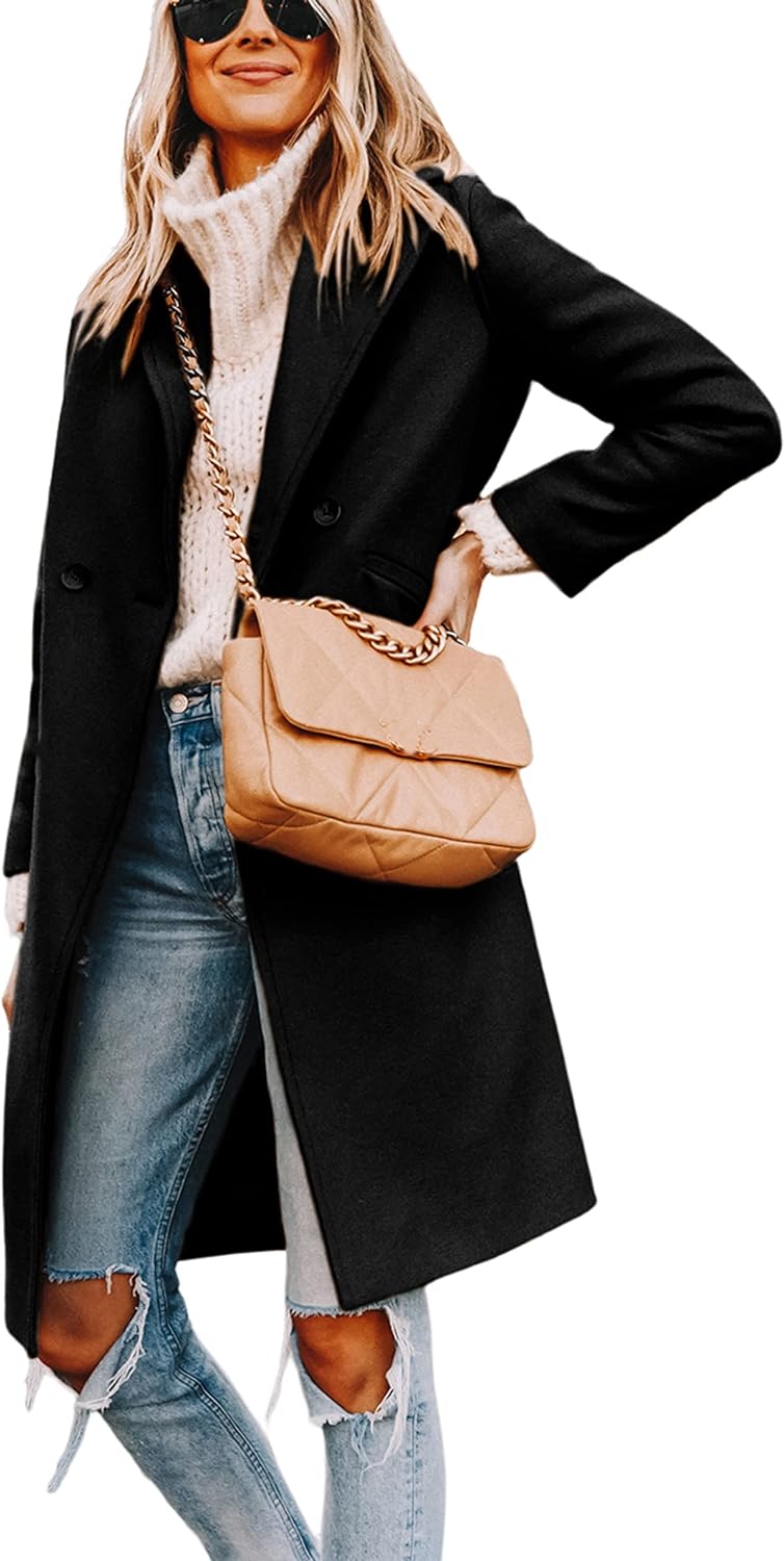 Women's Double-Breasted Wool-Blend Long Coat Notch Lapel