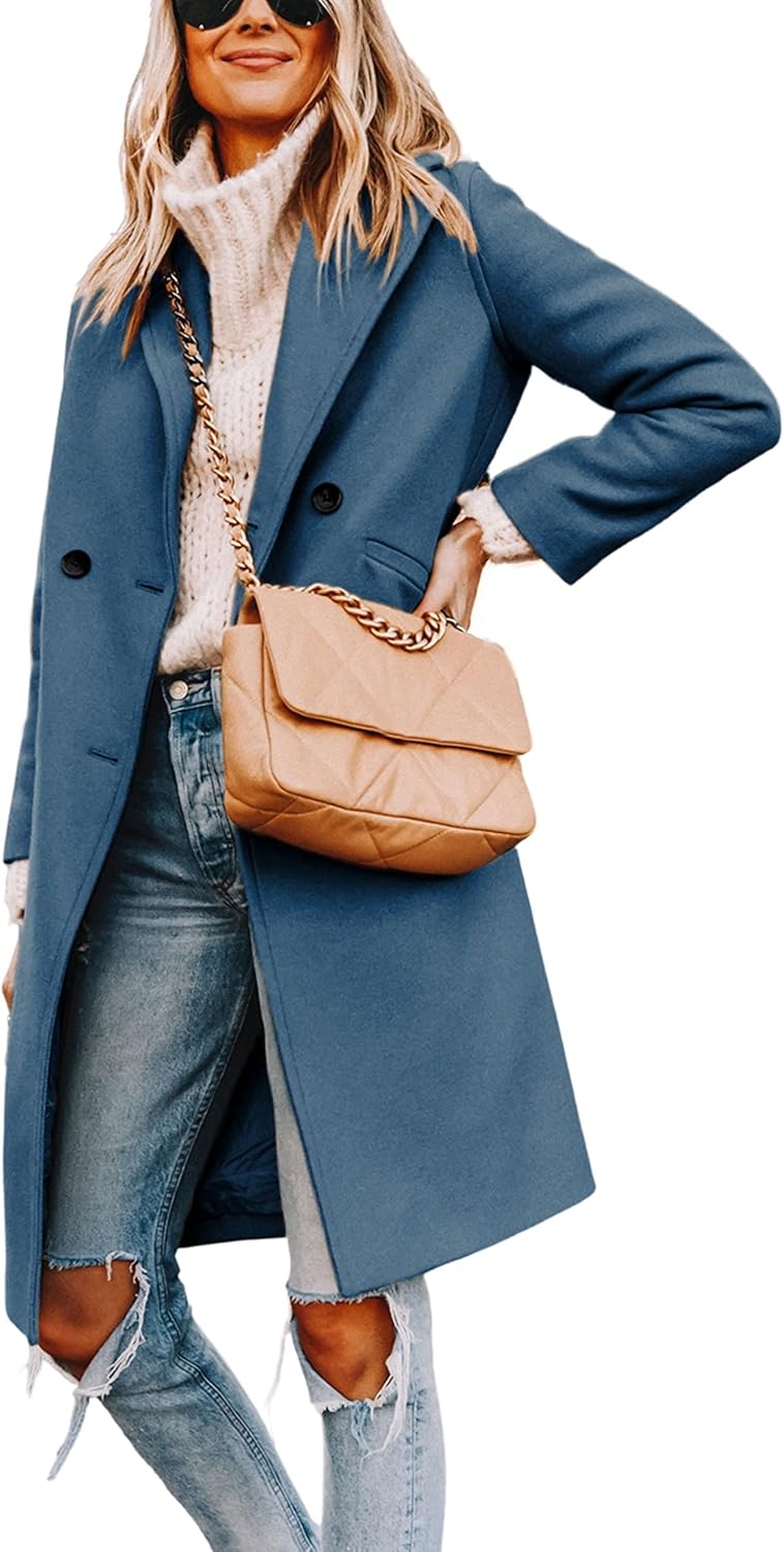 Women's Double-Breasted Wool-Blend Long Coat Notch Lapel