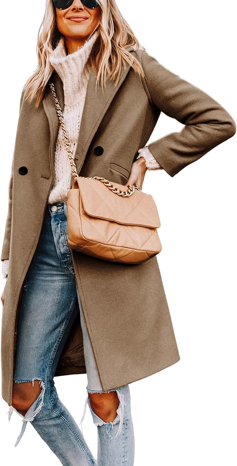 Women's Double-Breasted Wool-Blend Long Coat Notch Lapel