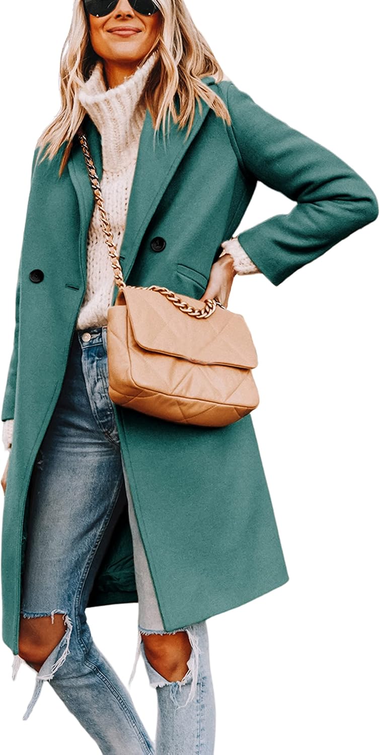 Women's Double-Breasted Wool-Blend Long Coat Notch Lapel