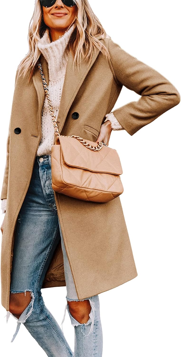 Women's Double-Breasted Wool-Blend Long Coat Notch Lapel